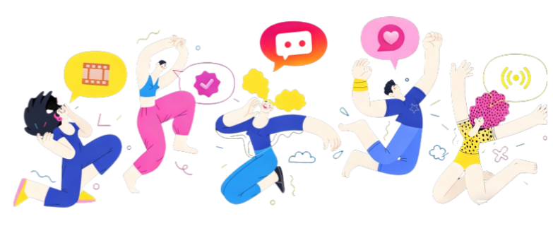 Illustration of diverse people celebrating with chat and social icons on a dark background