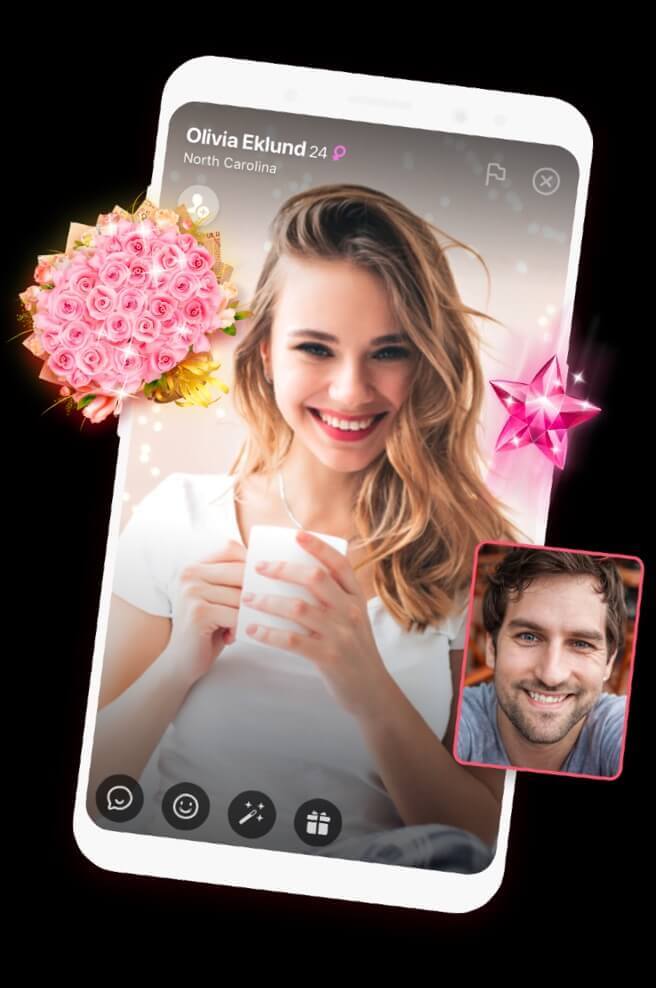 A woman enjoying a video chat on her phone with a coffee cup, using fachat for 1v1 chat.