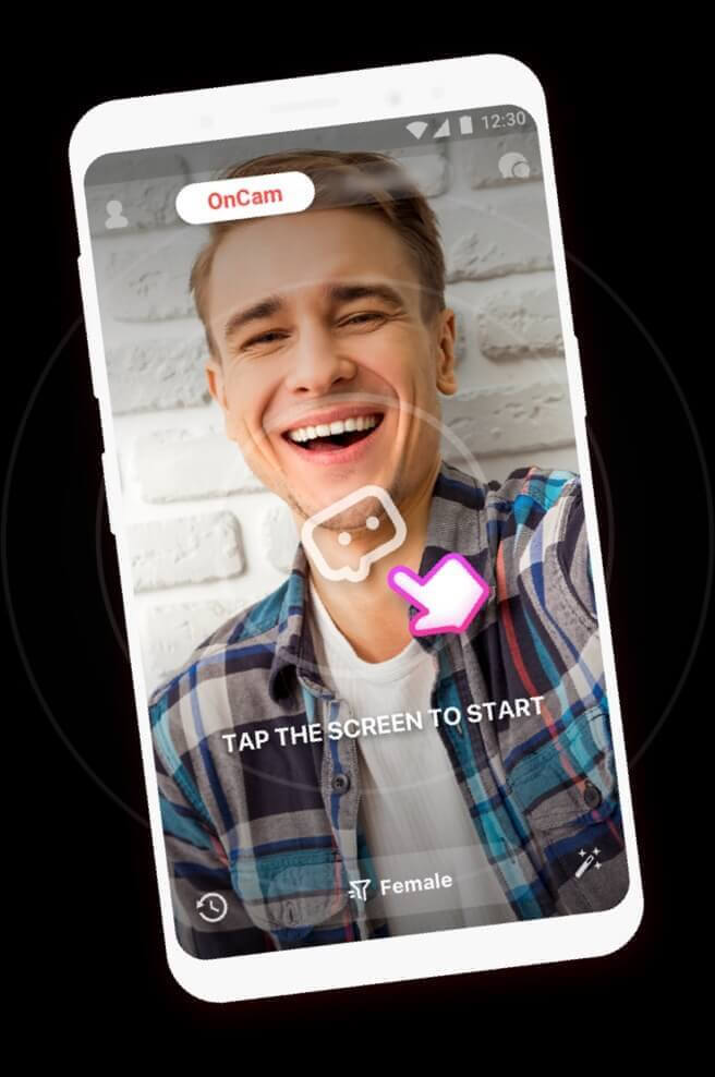 A woman enjoying a video chat on her phone with a coffee cup, using fachat for 1v1 chat.